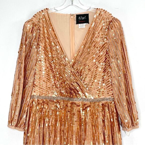Mac Duggal 5509 Sequin Wrap Over 3/4 Bishop Sleeves Gown, Apricot, Size 16 - Picture 3 of 9